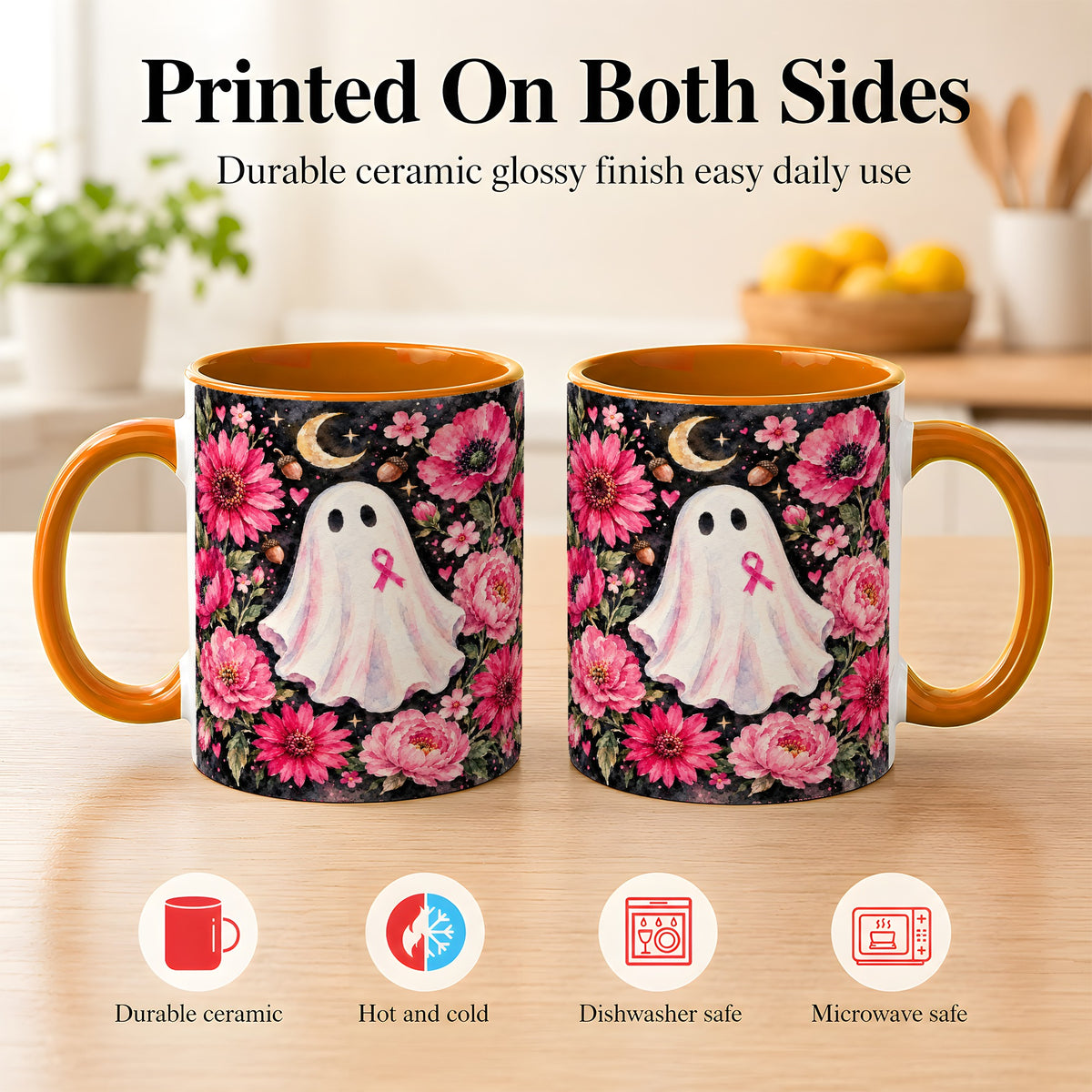 #pl[11oz|Orange] Pink Floral Ghost Coffee Mug, Awareness Ribbon Moon Mug, Ceramic Cup