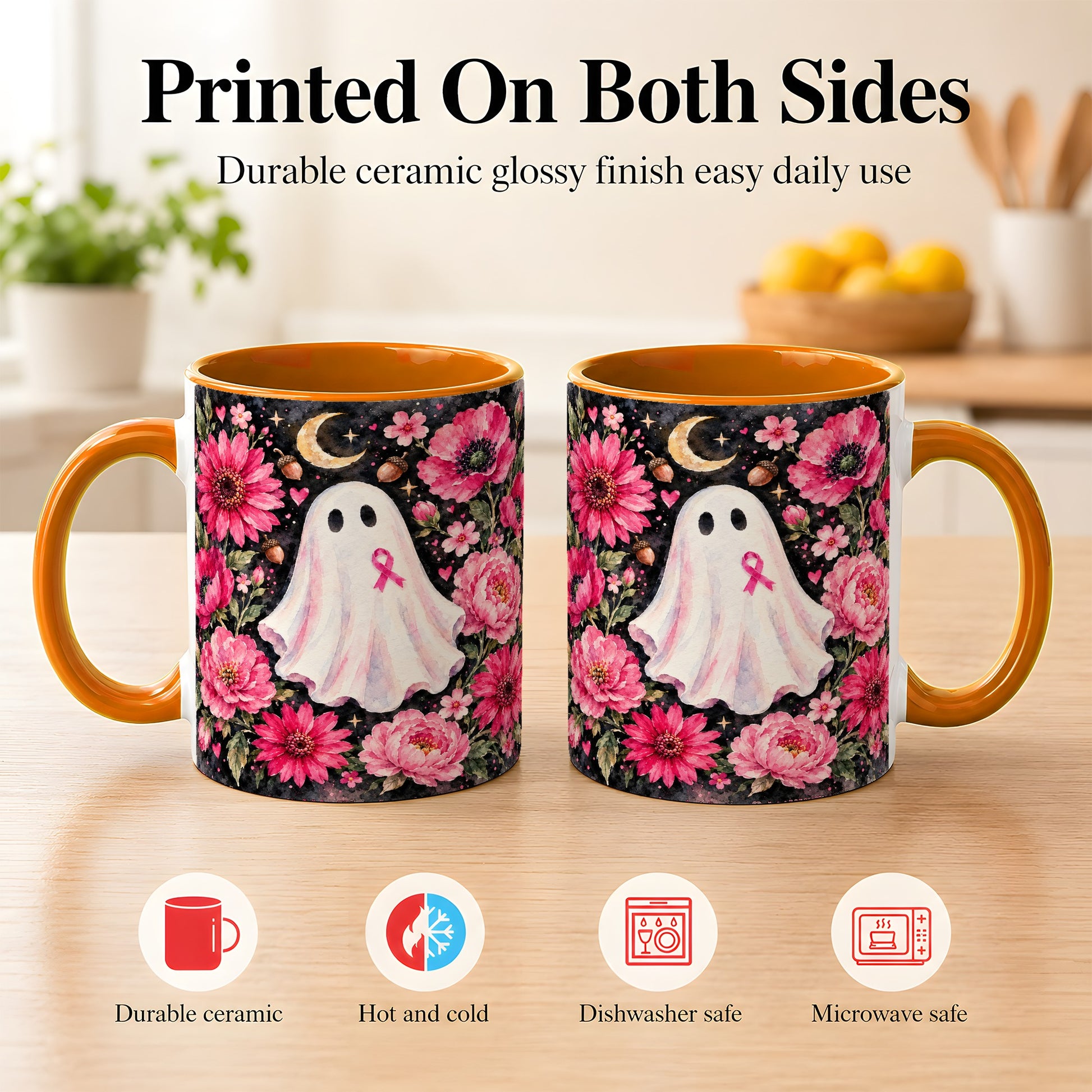#pl[11oz|Orange] Pink Floral Ghost Coffee Mug, Awareness Ribbon Moon Mug, Ceramic Cup