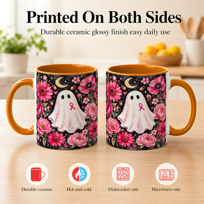 #pl[11oz|Orange] Pink Floral Ghost Coffee Mug, Awareness Ribbon Moon Mug, Ceramic Cup