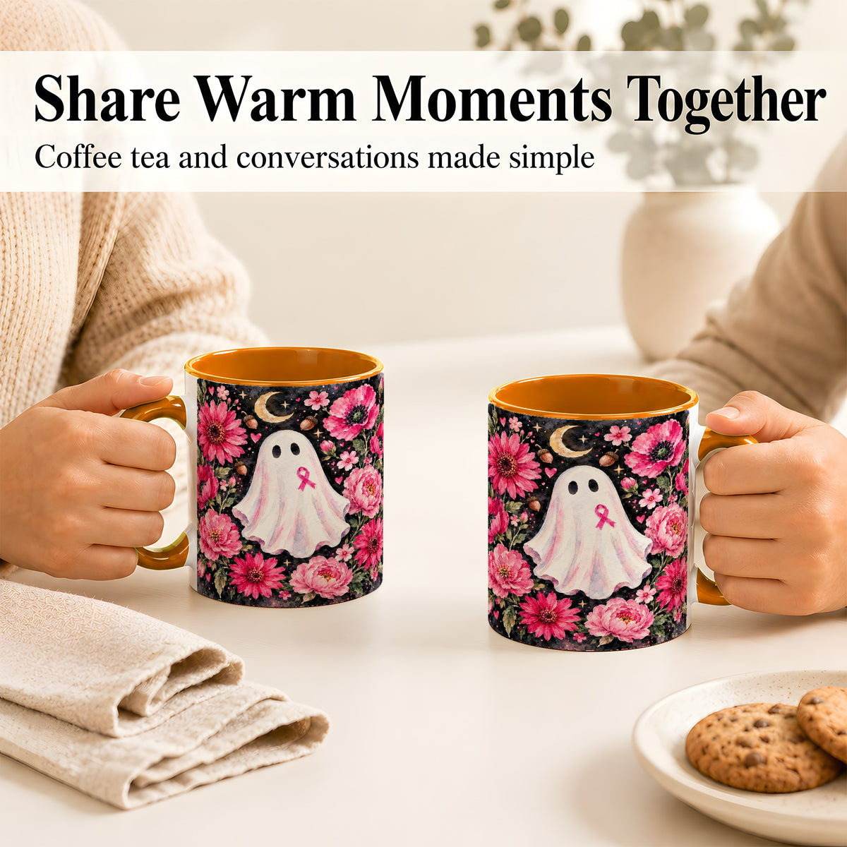 #pl[11oz|Orange] Pink Floral Ghost Coffee Mug, Awareness Ribbon Moon Mug, Ceramic Cup