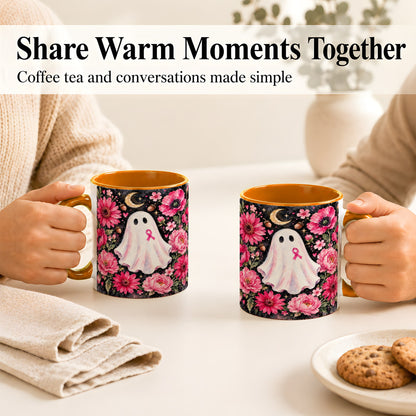 #pl[11oz|Orange] Pink Floral Ghost Coffee Mug, Awareness Ribbon Moon Mug, Ceramic Cup