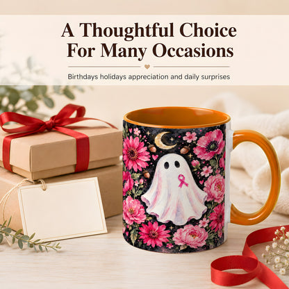 #pl[11oz|Orange] Pink Floral Ghost Coffee Mug, Awareness Ribbon Moon Mug, Ceramic Cup
