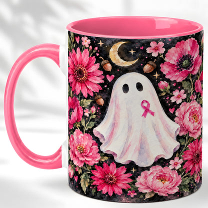 #pl[11oz|Pink] Pink Floral Ghost Coffee Mug, Awareness Ribbon Moon Mug, Ceramic Cup