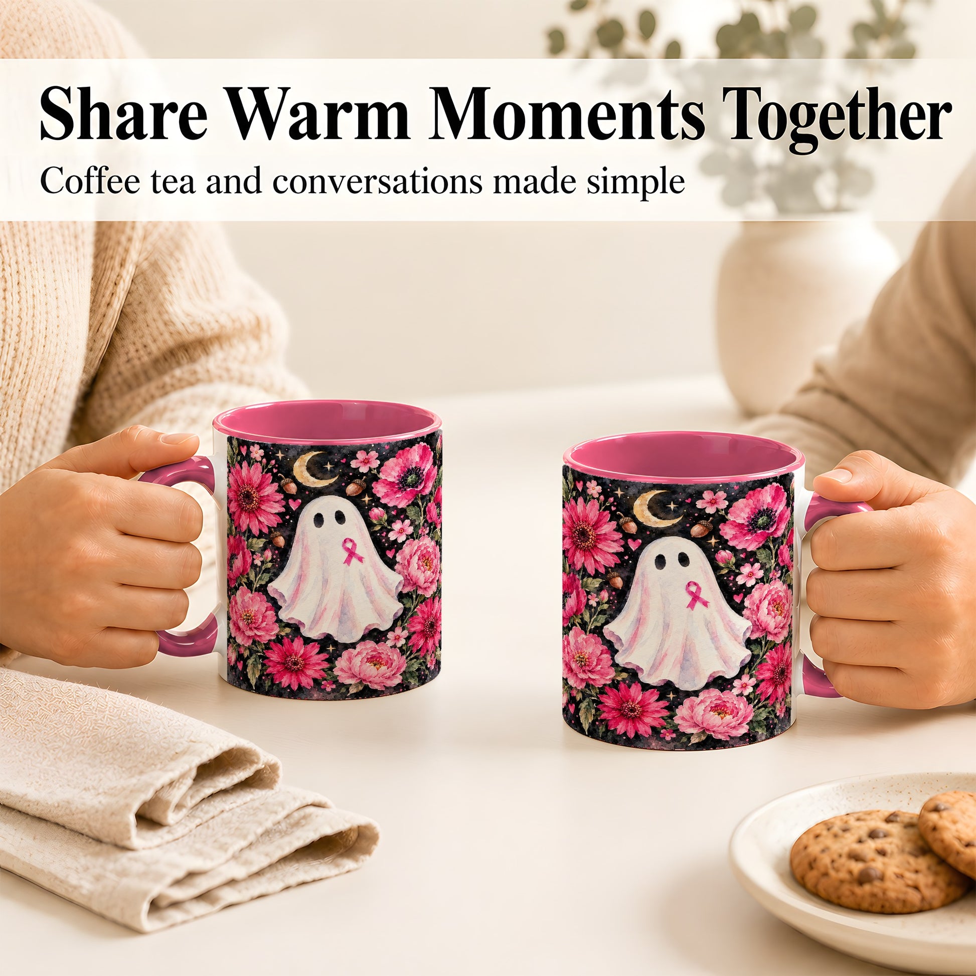 #pl[11oz|Pink] Pink Floral Ghost Coffee Mug, Awareness Ribbon Moon Mug, Ceramic Cup