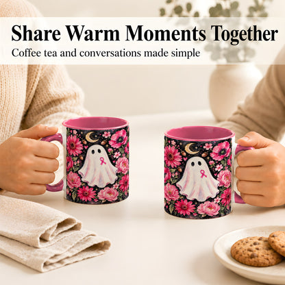 #pl[11oz|Pink] Pink Floral Ghost Coffee Mug, Awareness Ribbon Moon Mug, Ceramic Cup