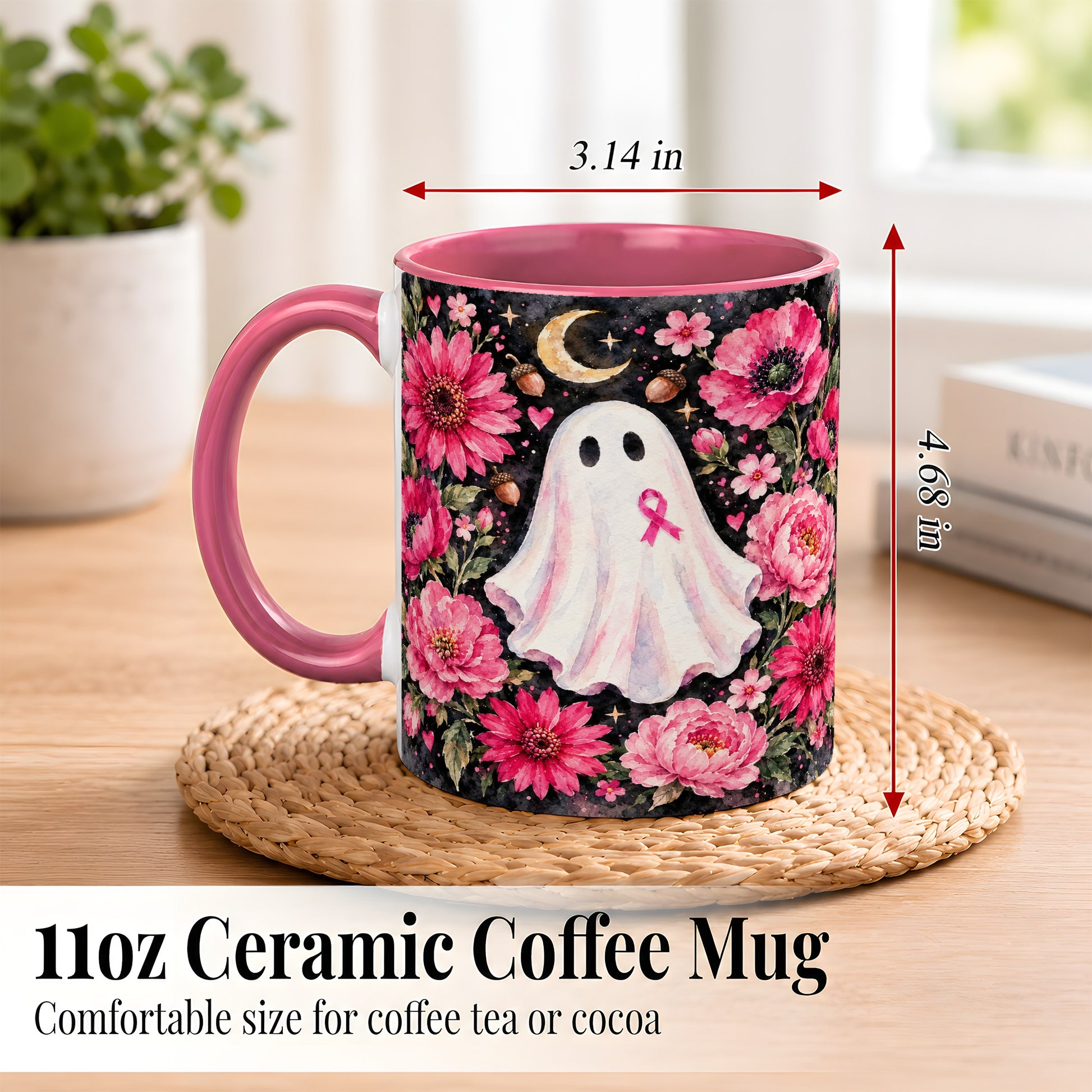 #pl[11oz|Pink] Pink Floral Ghost Coffee Mug, Awareness Ribbon Moon Mug, Ceramic Cup
