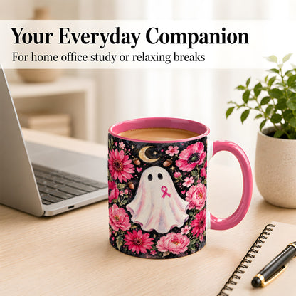 #pl[11oz|Pink] Pink Floral Ghost Coffee Mug, Awareness Ribbon Moon Mug, Ceramic Cup