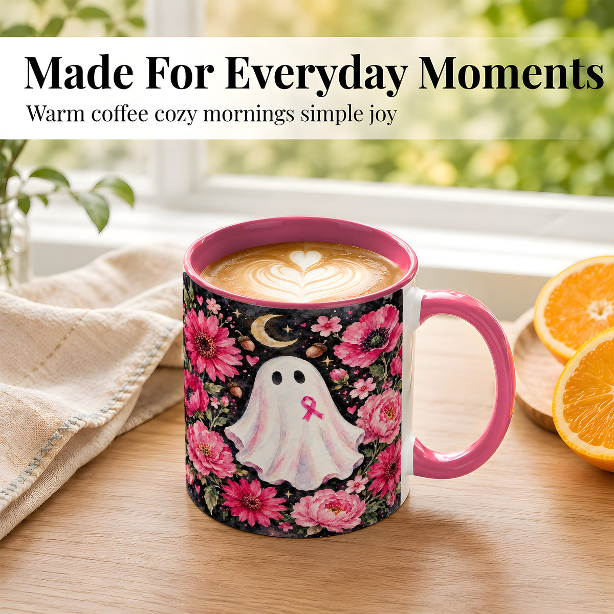 #pl[11oz|Pink] Pink Floral Ghost Coffee Mug, Awareness Ribbon Moon Mug, Ceramic Cup