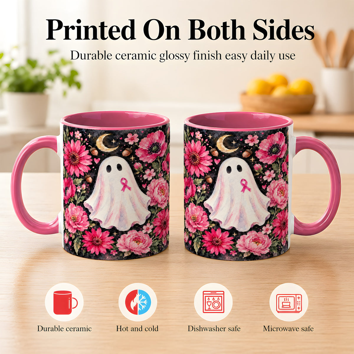 #pl[11oz|Pink] Pink Floral Ghost Coffee Mug, Awareness Ribbon Moon Mug, Ceramic Cup