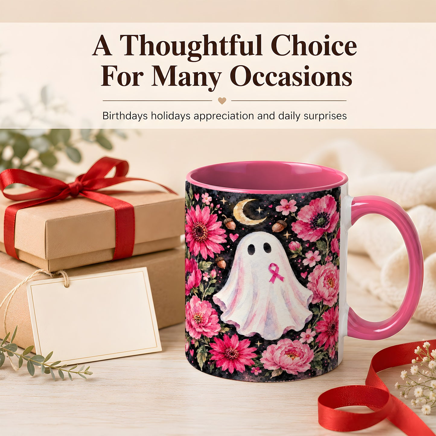 #pl[11oz|Pink] Pink Floral Ghost Coffee Mug, Awareness Ribbon Moon Mug, Ceramic Cup