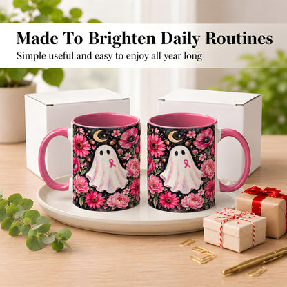 #pl[11oz|Pink] Pink Floral Ghost Coffee Mug, Awareness Ribbon Moon Mug, Ceramic Cup