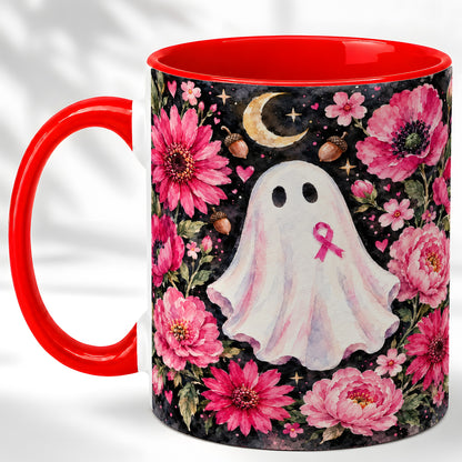 Pink Floral Ghost Coffee Mug, Awareness Ribbon Moon Mug, Ceramic Cup