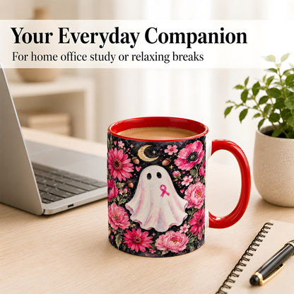 #pl[11oz|Red] Pink Floral Ghost Coffee Mug, Awareness Ribbon Moon Mug, Ceramic Cup