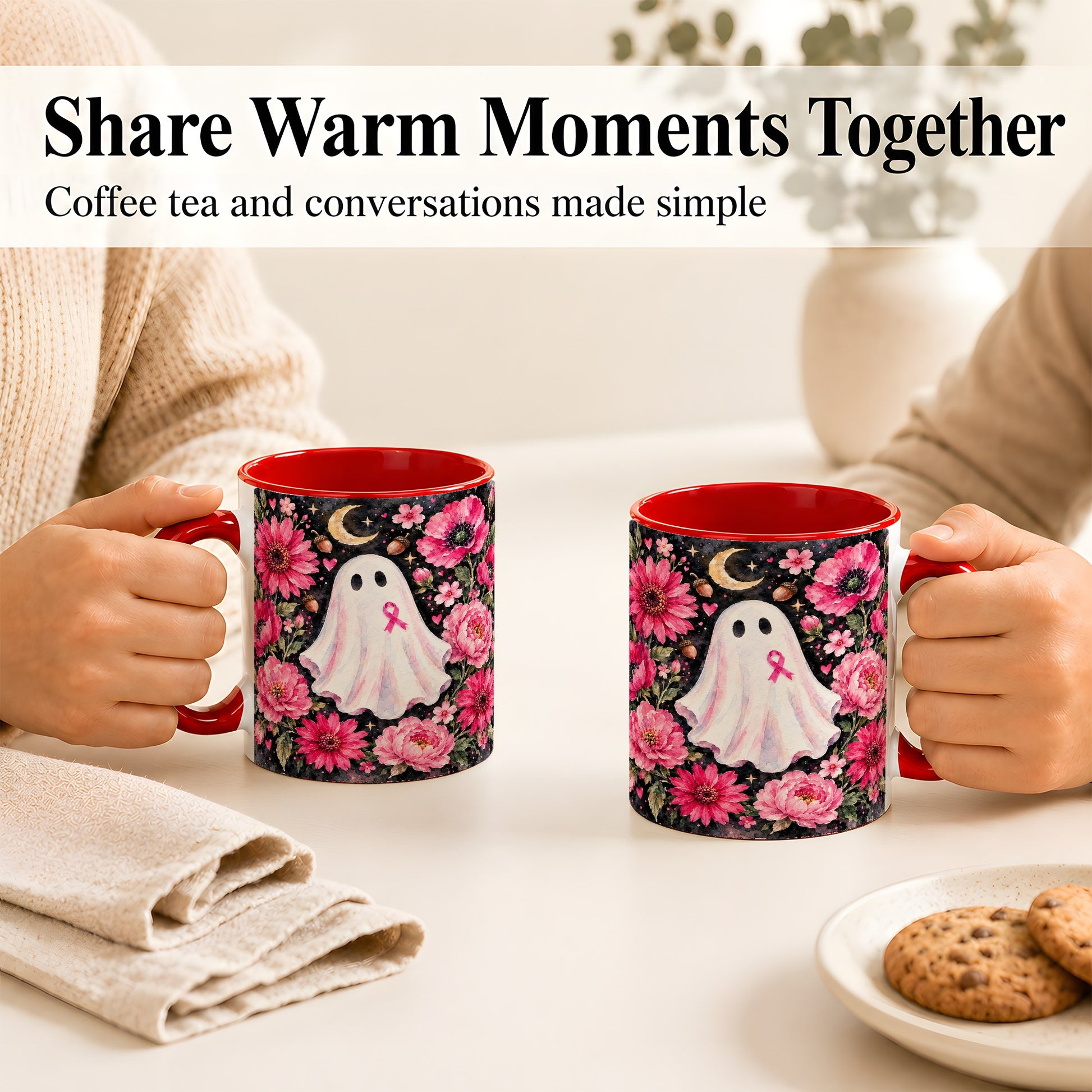 #pl[11oz|Red] Pink Floral Ghost Coffee Mug, Awareness Ribbon Moon Mug, Ceramic Cup