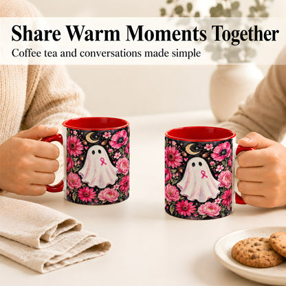 #pl[11oz|Red] Pink Floral Ghost Coffee Mug, Awareness Ribbon Moon Mug, Ceramic Cup