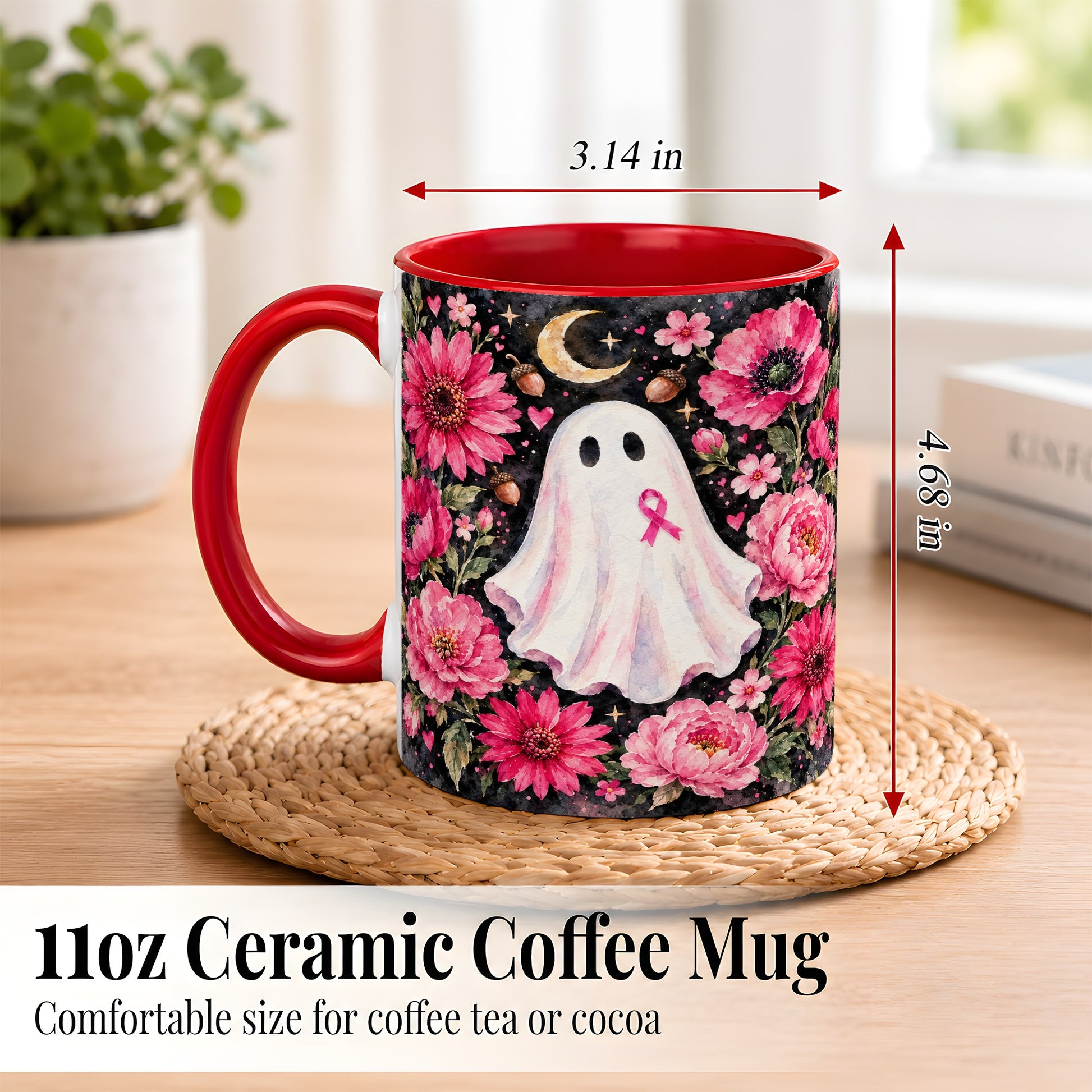 #pl[11oz|Red] Pink Floral Ghost Coffee Mug, Awareness Ribbon Moon Mug, Ceramic Cup