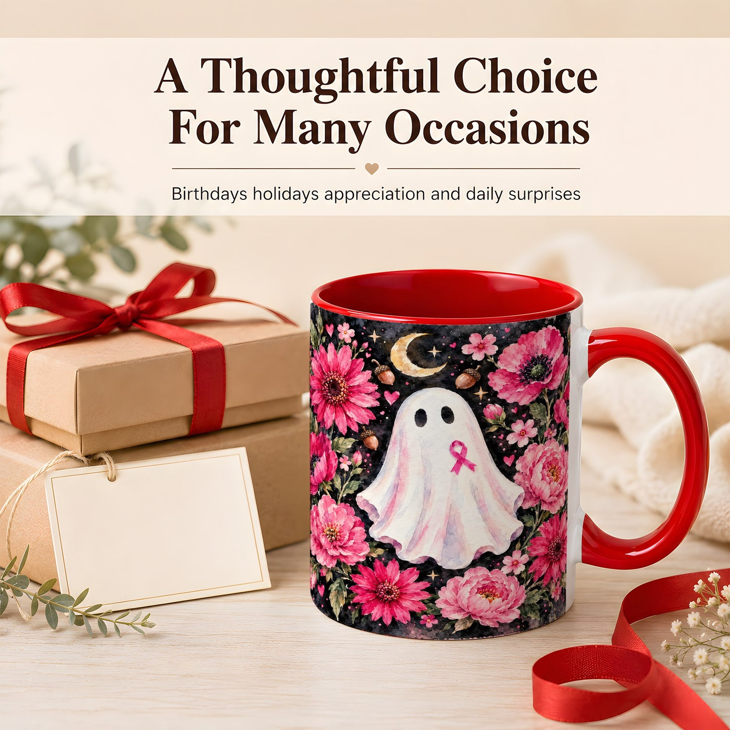#pl[11oz|Red] Pink Floral Ghost Coffee Mug, Awareness Ribbon Moon Mug, Ceramic Cup
