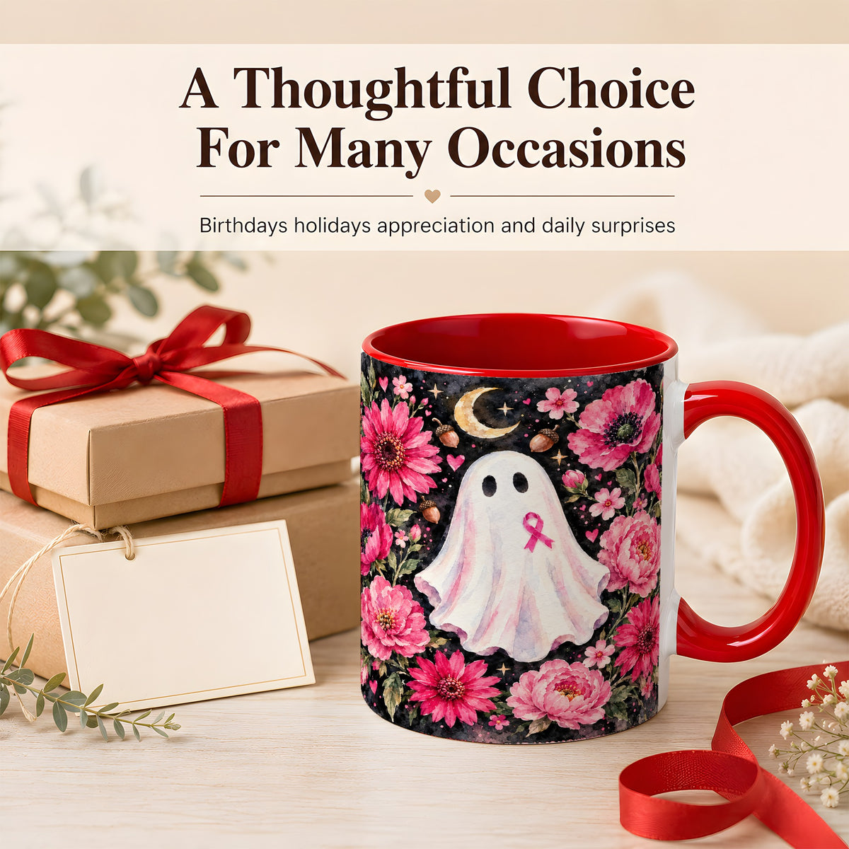 #pl[11oz|Red] Pink Floral Ghost Coffee Mug, Awareness Ribbon Moon Mug, Ceramic Cup