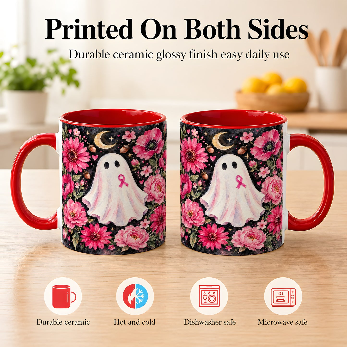 #pl[11oz|Red] Pink Floral Ghost Coffee Mug, Awareness Ribbon Moon Mug, Ceramic Cup