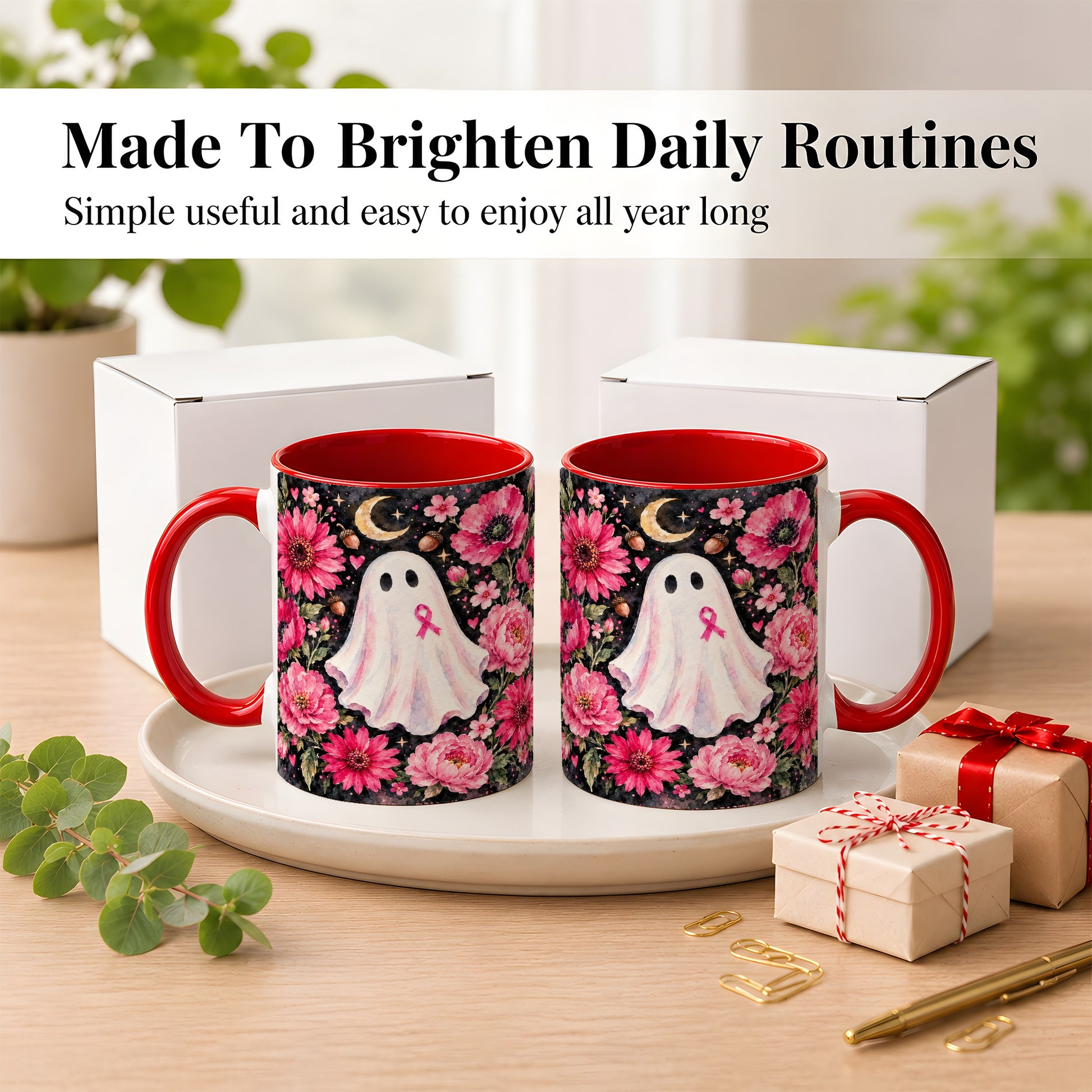 #pl[11oz|Red] Pink Floral Ghost Coffee Mug, Awareness Ribbon Moon Mug, Ceramic Cup