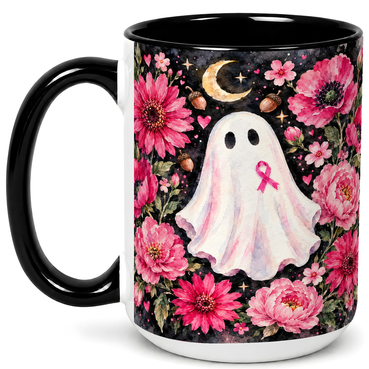 #pl[15oz|Black] Pink Floral Ghost Coffee Mug, Awareness Ribbon Moon Mug, Ceramic Cup
