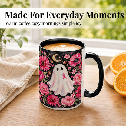 #pl[15oz|Black] Pink Floral Ghost Coffee Mug, Awareness Ribbon Moon Mug, Ceramic Cup