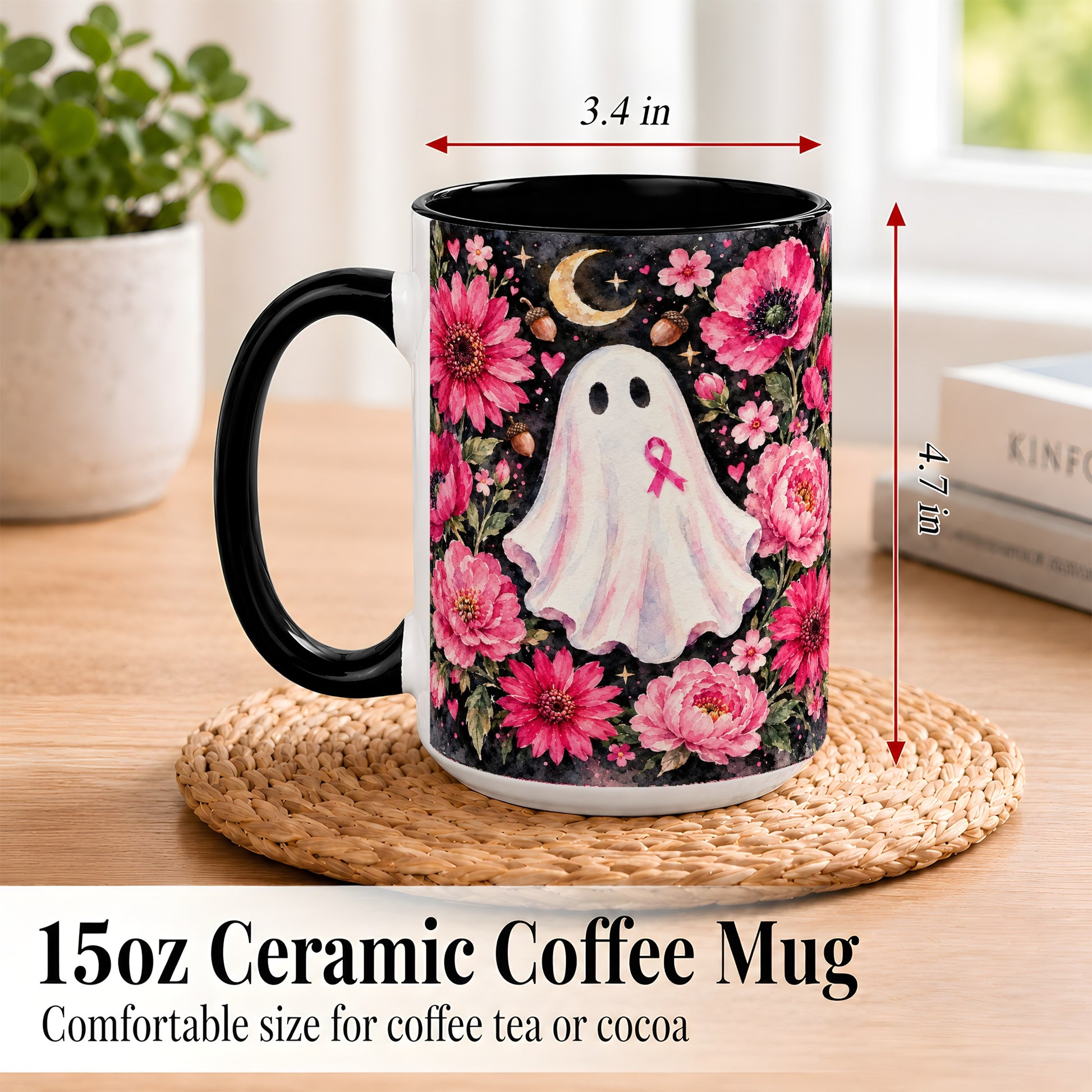 #pl[15oz|Black] Pink Floral Ghost Coffee Mug, Awareness Ribbon Moon Mug, Ceramic Cup