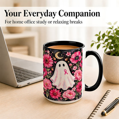 #pl[15oz|Black] Pink Floral Ghost Coffee Mug, Awareness Ribbon Moon Mug, Ceramic Cup