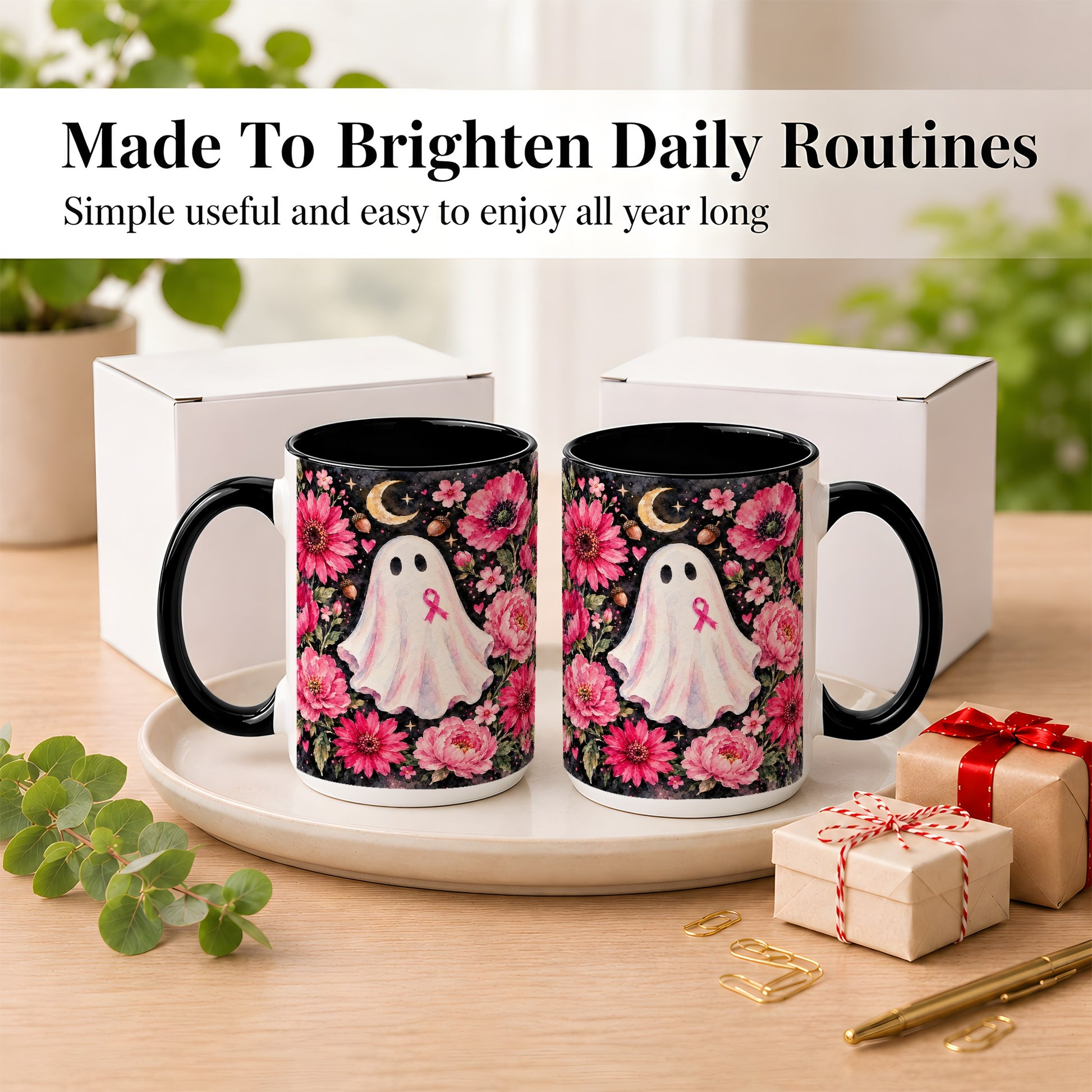 #pl[15oz|Black] Pink Floral Ghost Coffee Mug, Awareness Ribbon Moon Mug, Ceramic Cup