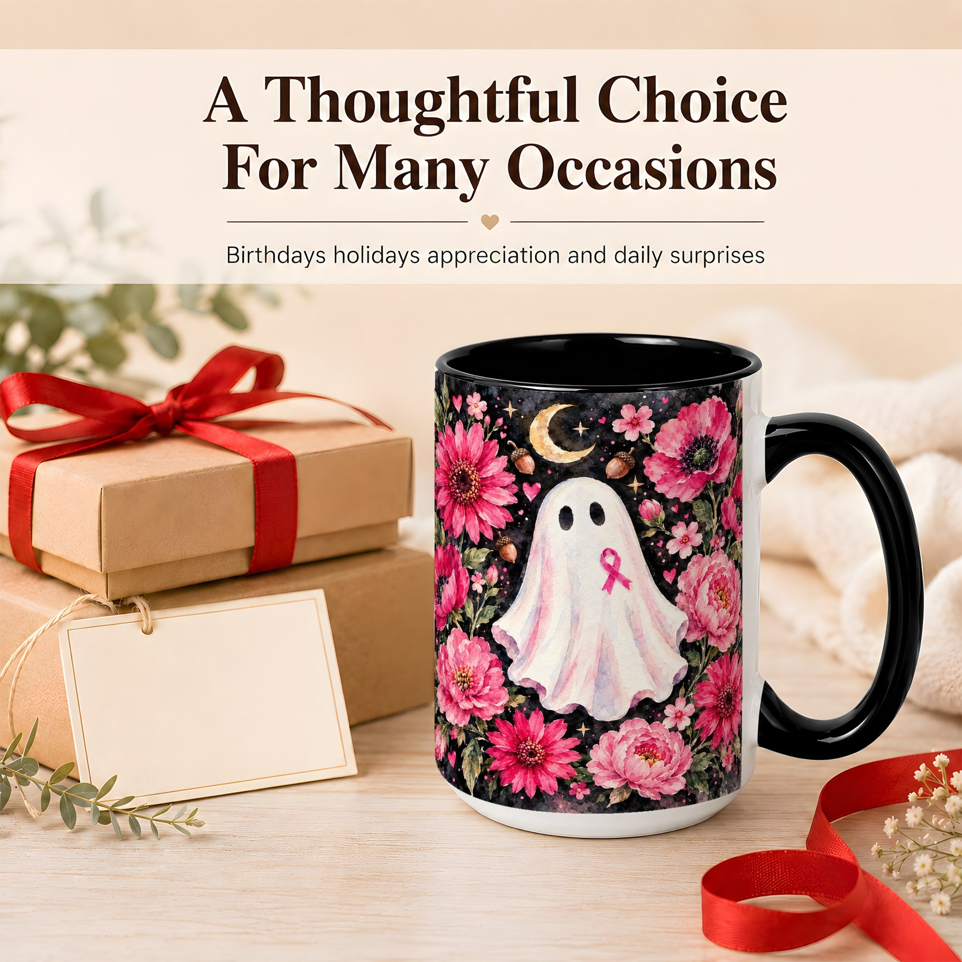 #pl[15oz|Black] Pink Floral Ghost Coffee Mug, Awareness Ribbon Moon Mug, Ceramic Cup
