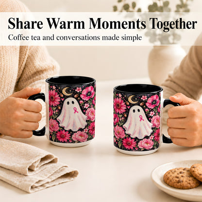 #pl[15oz|Black] Pink Floral Ghost Coffee Mug, Awareness Ribbon Moon Mug, Ceramic Cup
