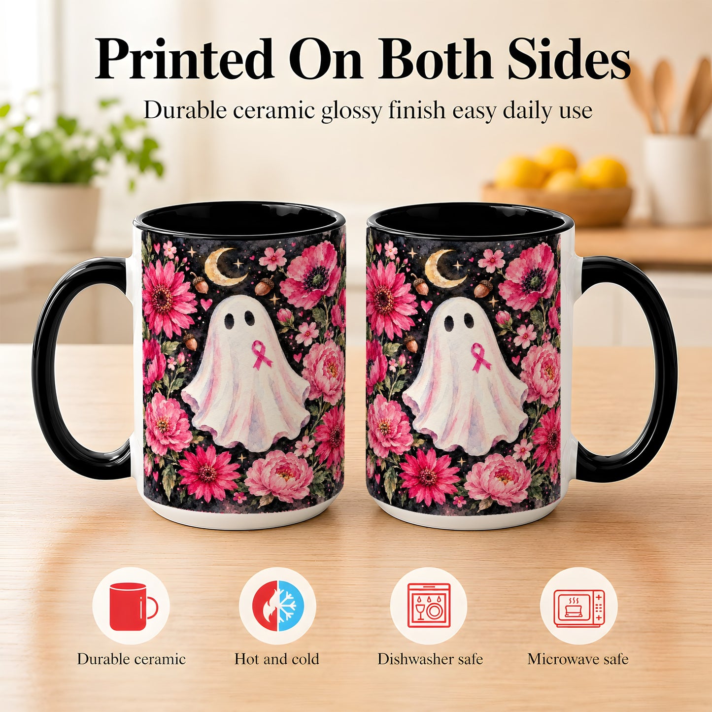 #pl[15oz|Black] Pink Floral Ghost Coffee Mug, Awareness Ribbon Moon Mug, Ceramic Cup