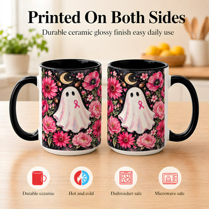 #pl[15oz|Black] Pink Floral Ghost Coffee Mug, Awareness Ribbon Moon Mug, Ceramic Cup