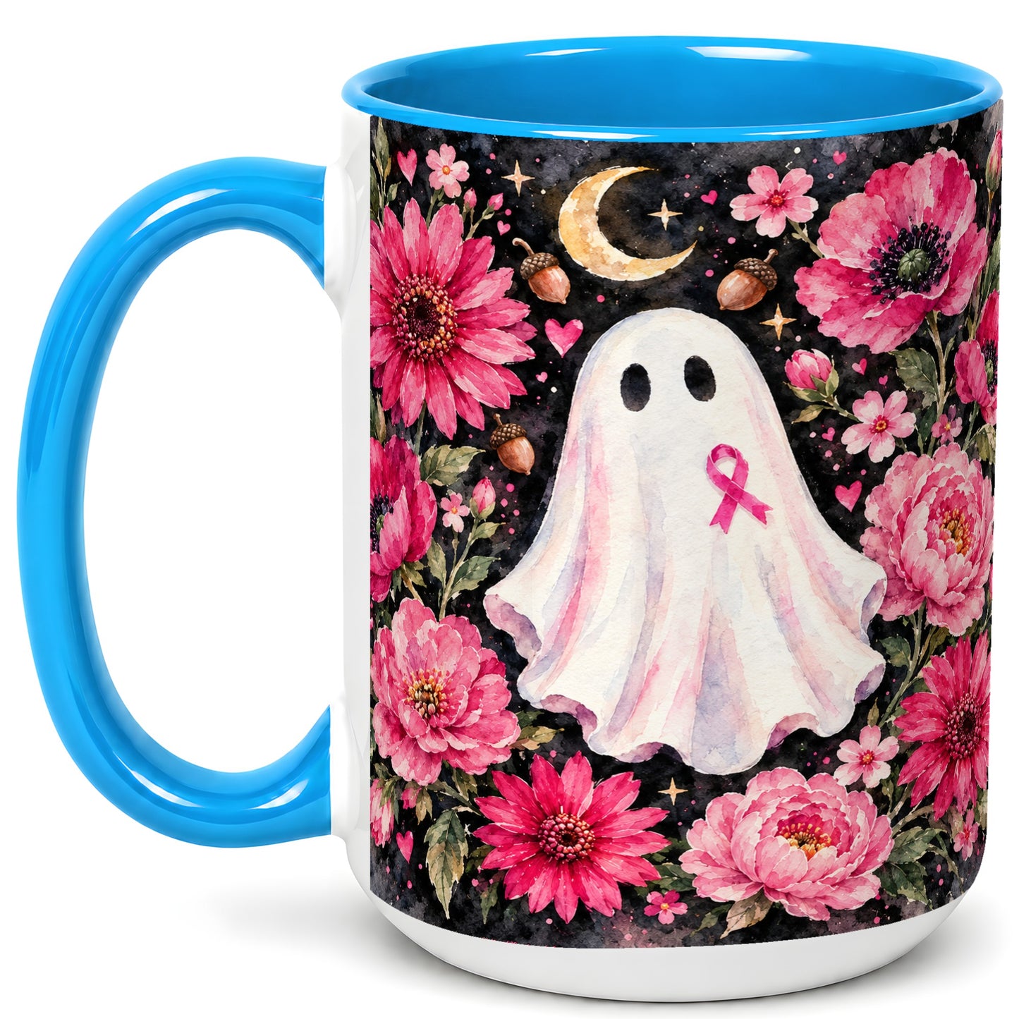 #pl[15oz|Blue] Pink Floral Ghost Coffee Mug, Awareness Ribbon Moon Mug, Ceramic Cup