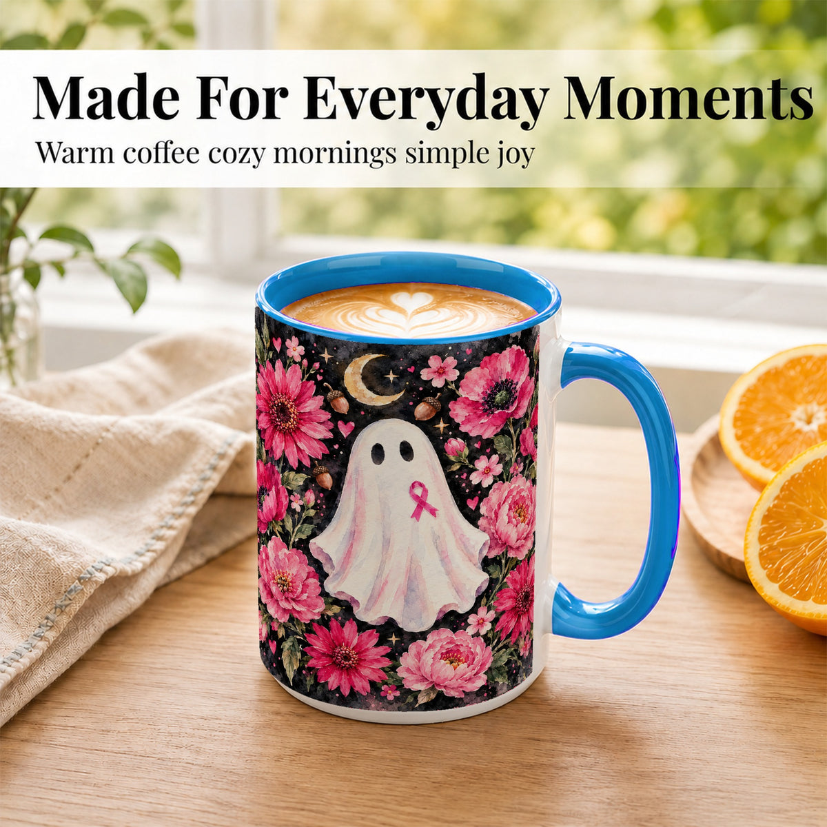 #pl[15oz|Blue] Pink Floral Ghost Coffee Mug, Awareness Ribbon Moon Mug, Ceramic Cup
