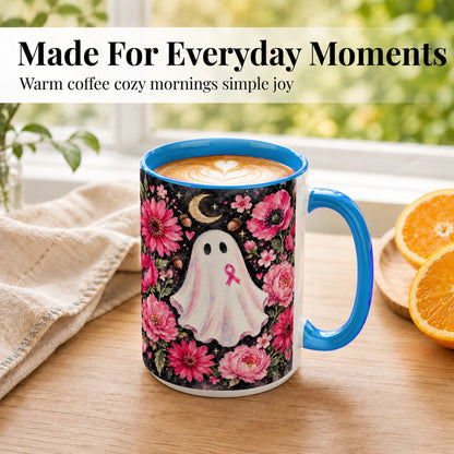 #pl[15oz|Blue] Pink Floral Ghost Coffee Mug, Awareness Ribbon Moon Mug, Ceramic Cup