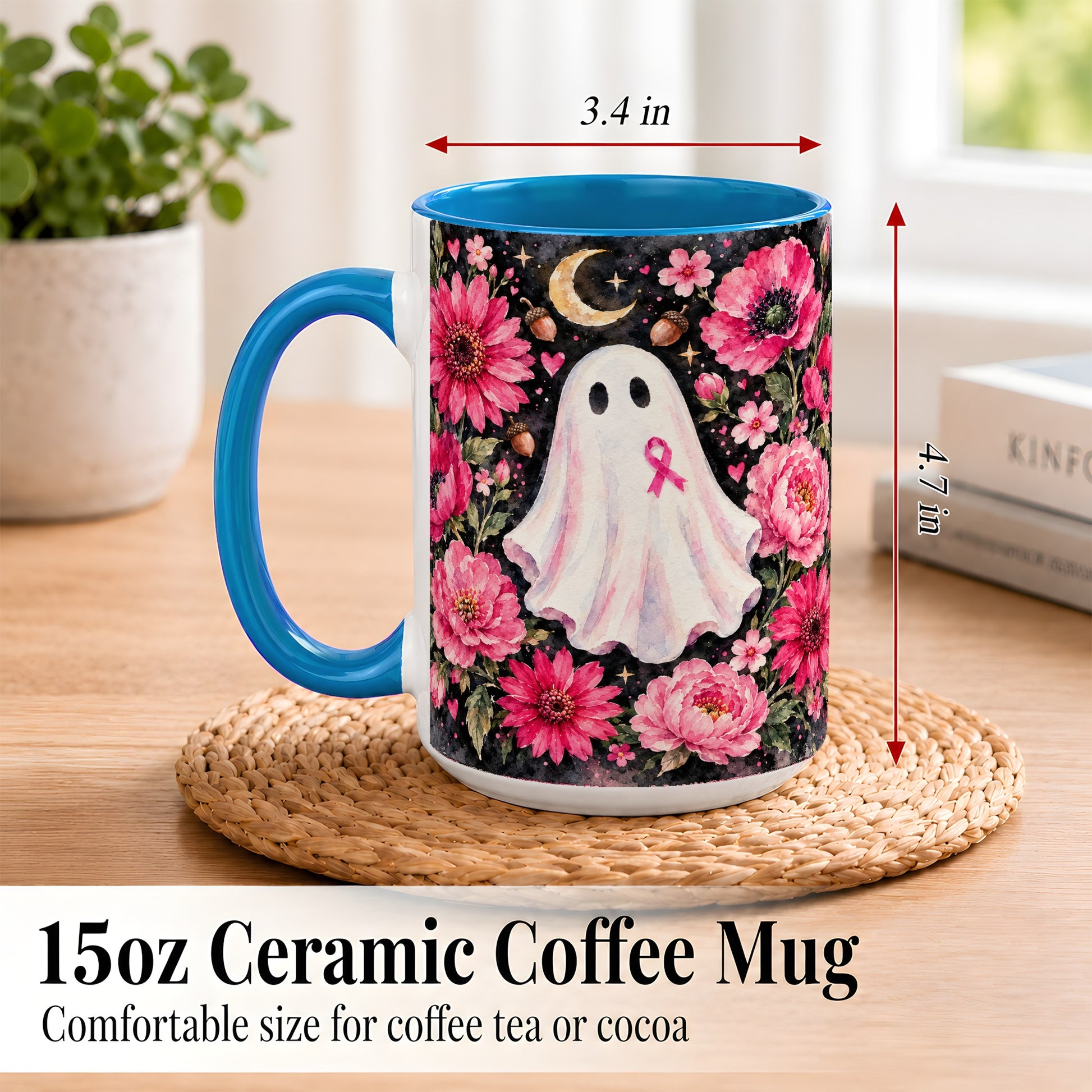 #pl[15oz|Blue] Pink Floral Ghost Coffee Mug, Awareness Ribbon Moon Mug, Ceramic Cup
