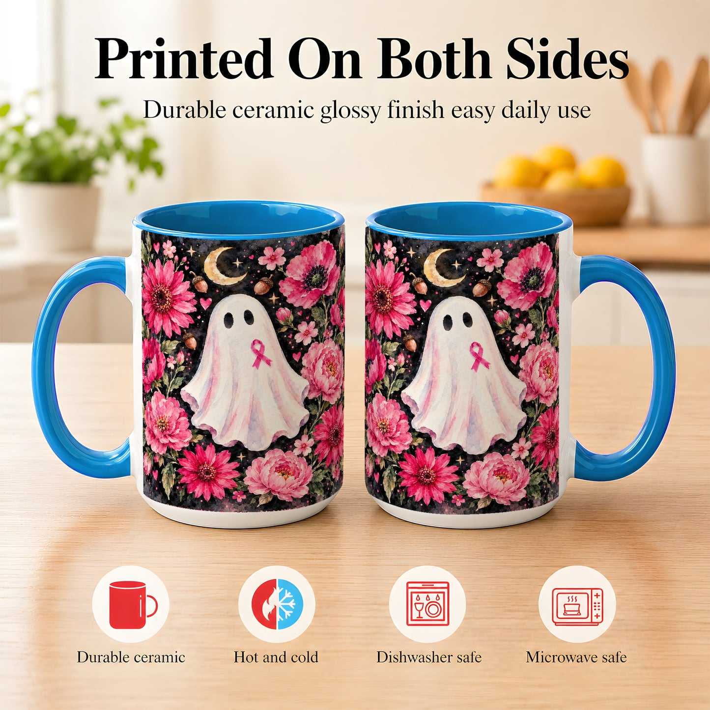 #pl[15oz|Blue] Pink Floral Ghost Coffee Mug, Awareness Ribbon Moon Mug, Ceramic Cup