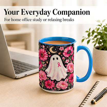 #pl[15oz|Blue] Pink Floral Ghost Coffee Mug, Awareness Ribbon Moon Mug, Ceramic Cup