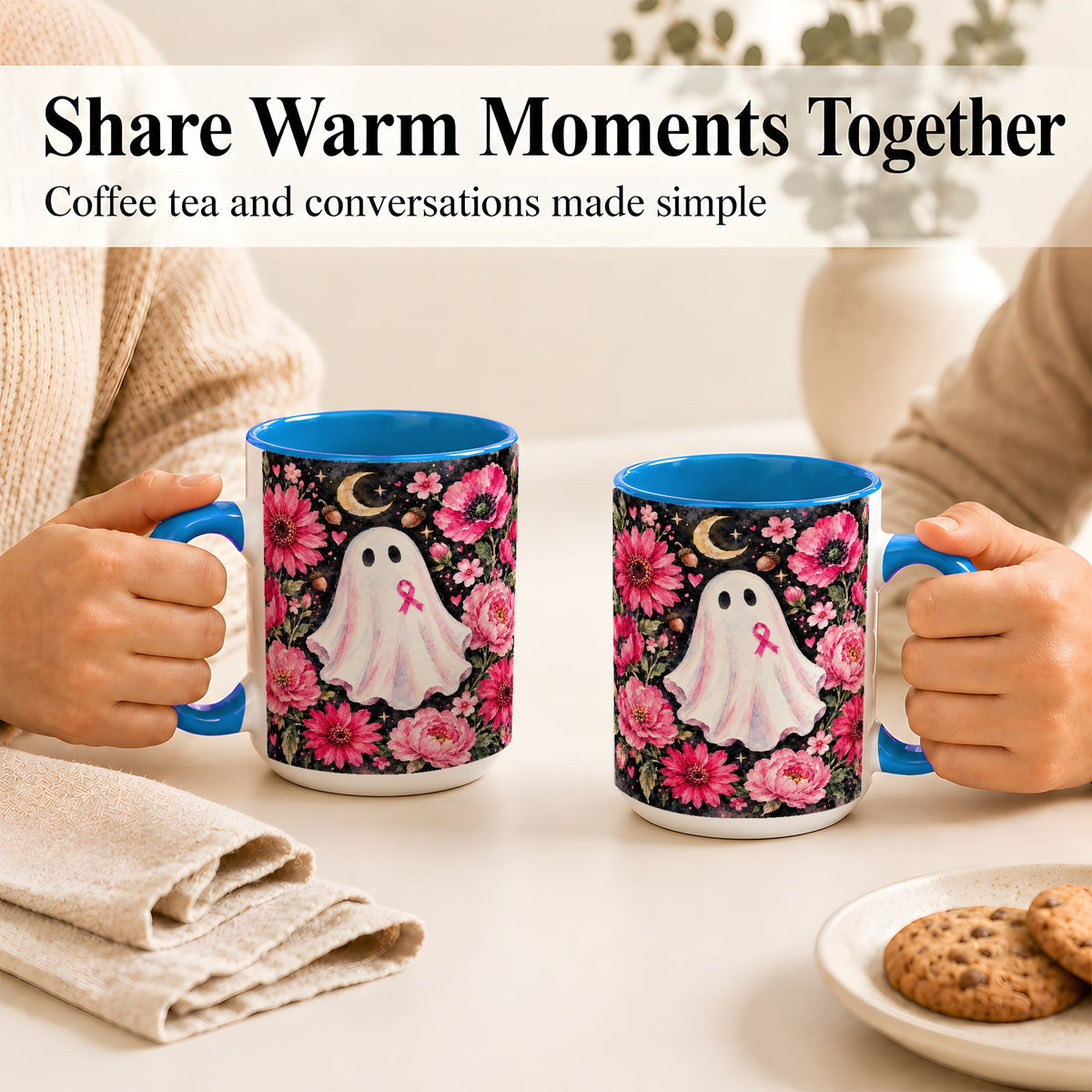 #pl[15oz|Blue] Pink Floral Ghost Coffee Mug, Awareness Ribbon Moon Mug, Ceramic Cup