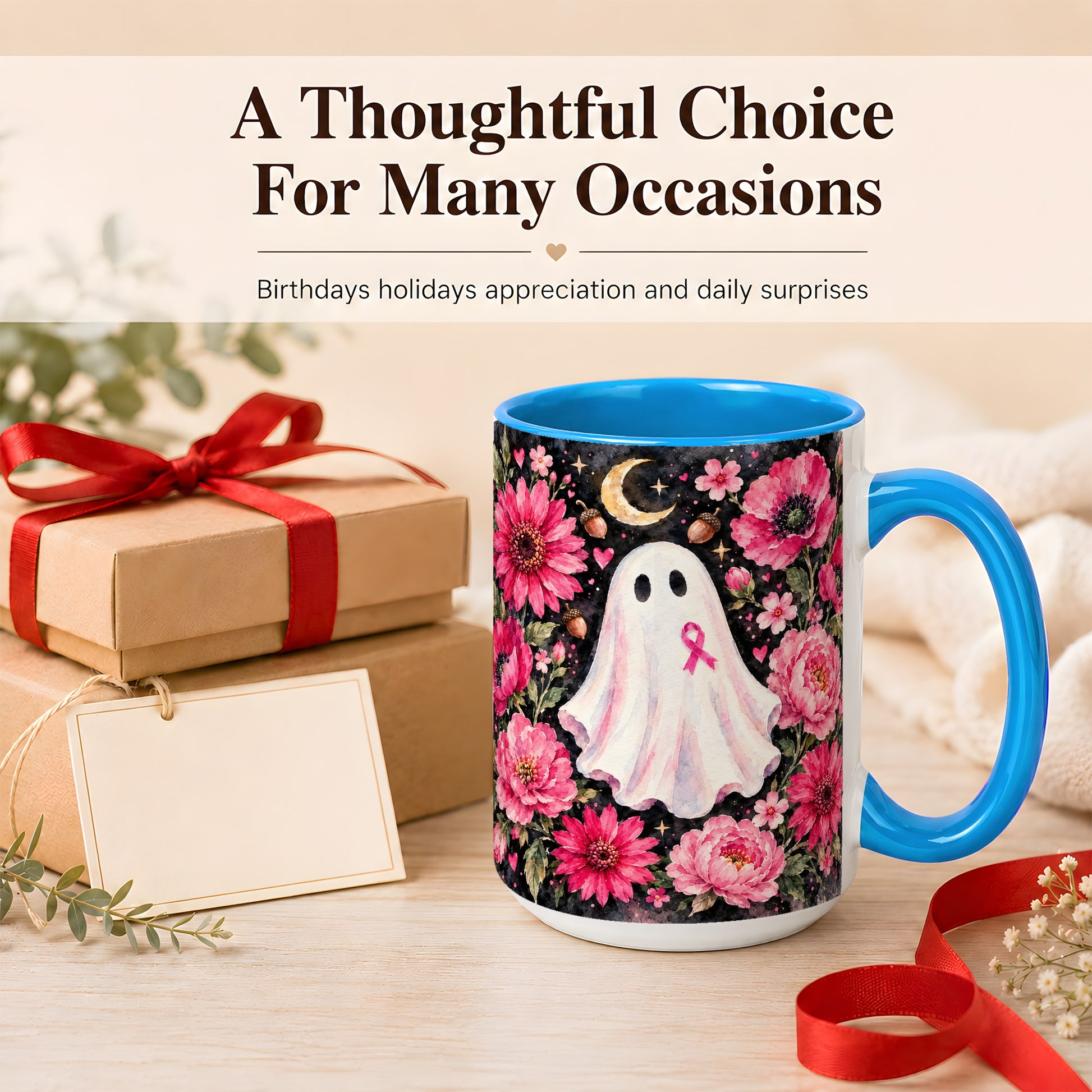 #pl[15oz|Blue] Pink Floral Ghost Coffee Mug, Awareness Ribbon Moon Mug, Ceramic Cup
