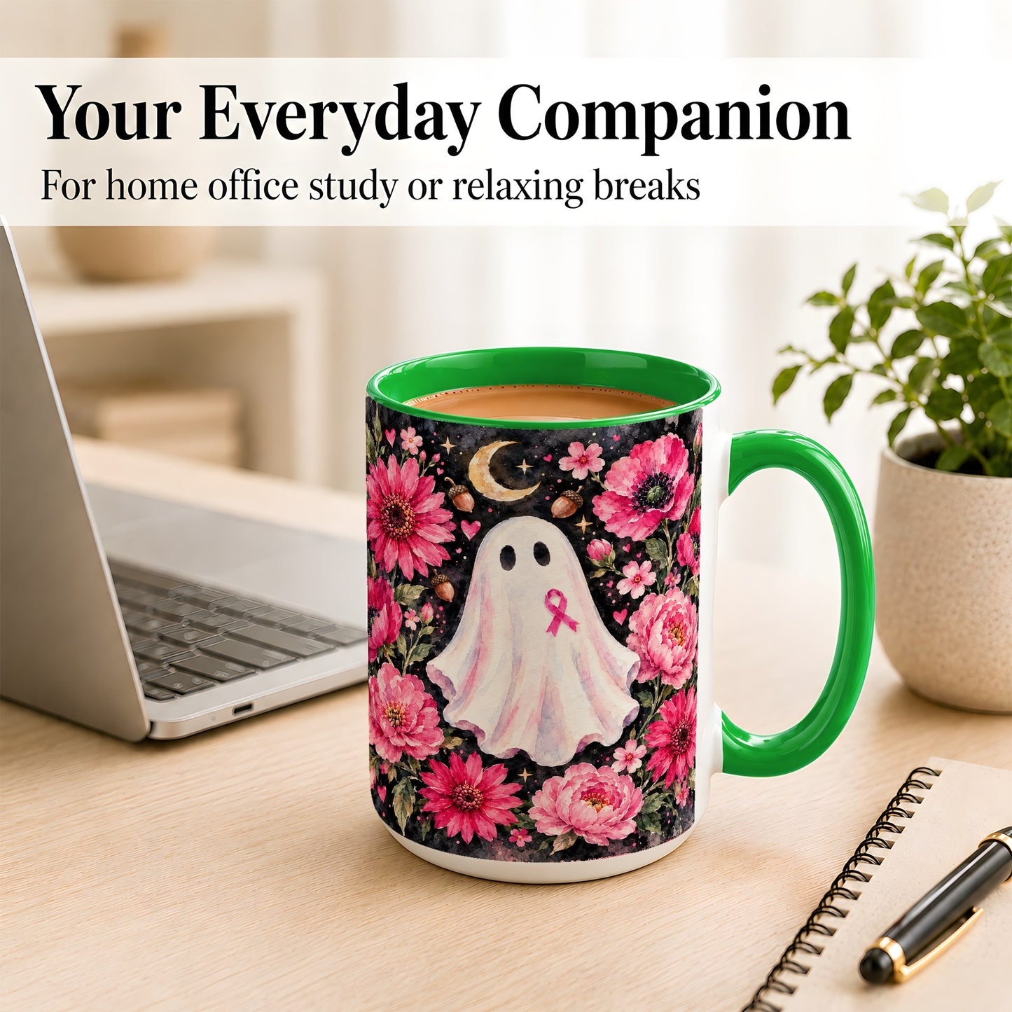 #pl[15oz|Green] Pink Floral Ghost Coffee Mug, Awareness Ribbon Moon Mug, Ceramic Cup
