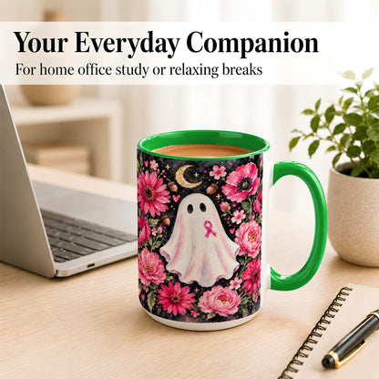 #pl[15oz|Green] Pink Floral Ghost Coffee Mug, Awareness Ribbon Moon Mug, Ceramic Cup