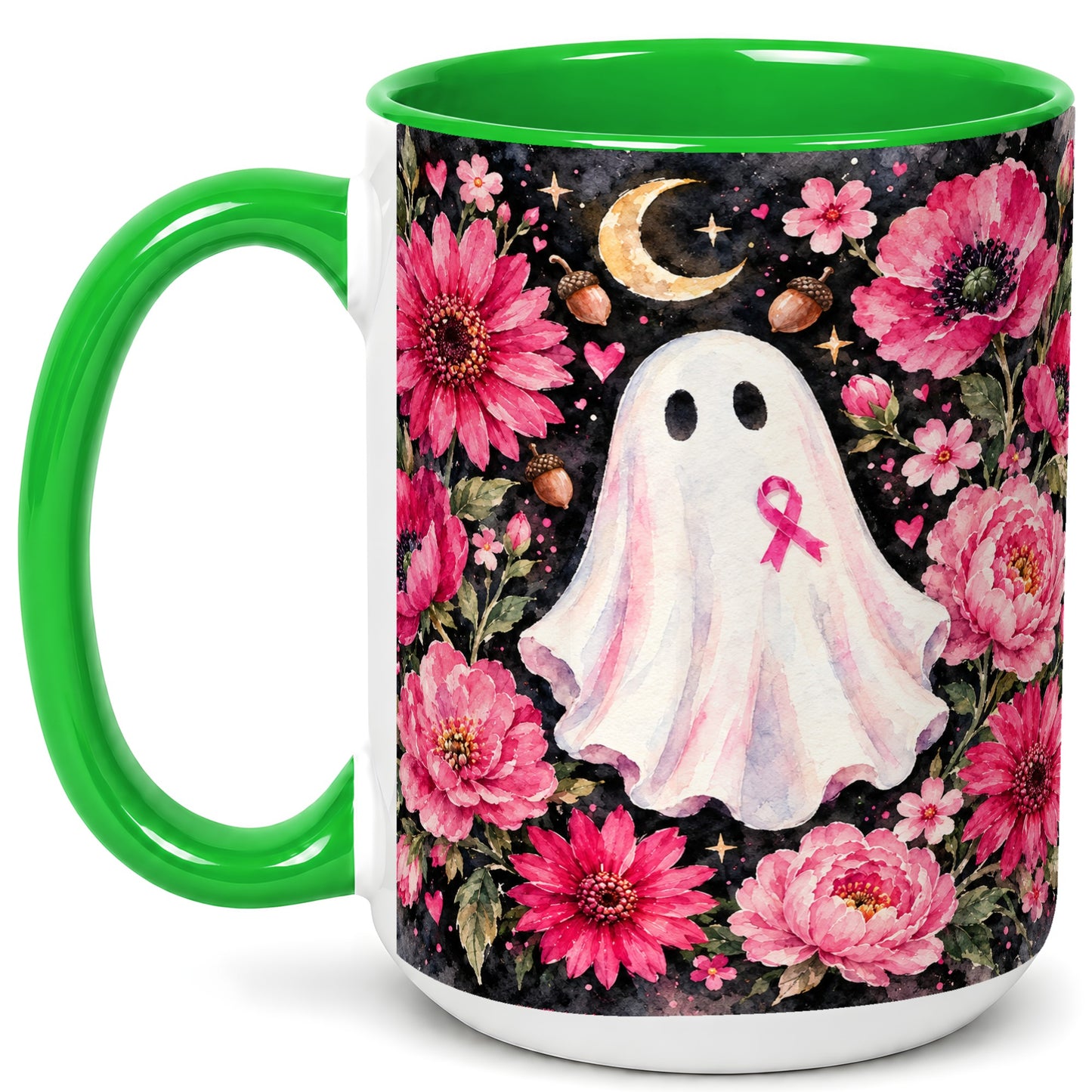 #pl[15oz|Green] Pink Floral Ghost Coffee Mug, Awareness Ribbon Moon Mug, Ceramic Cup