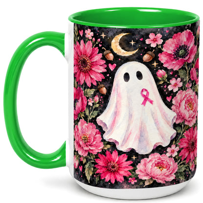 #pl[15oz|Green] Pink Floral Ghost Coffee Mug, Awareness Ribbon Moon Mug, Ceramic Cup