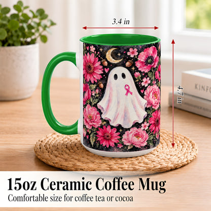 #pl[15oz|Green] Pink Floral Ghost Coffee Mug, Awareness Ribbon Moon Mug, Ceramic Cup