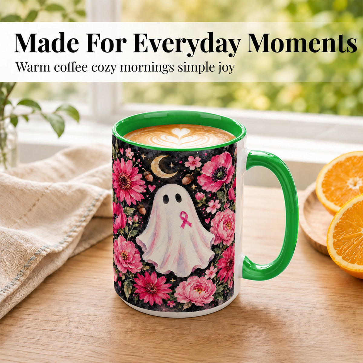 #pl[15oz|Green] Pink Floral Ghost Coffee Mug, Awareness Ribbon Moon Mug, Ceramic Cup