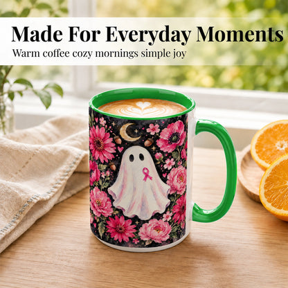 #pl[15oz|Green] Pink Floral Ghost Coffee Mug, Awareness Ribbon Moon Mug, Ceramic Cup