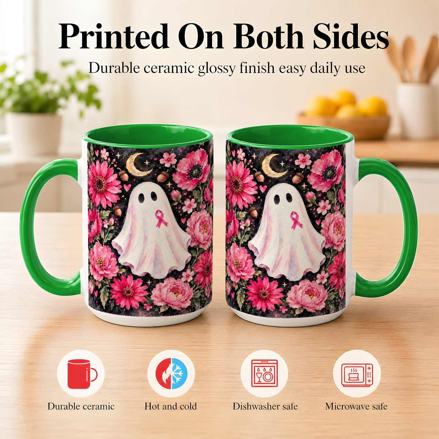 #pl[15oz|Green] Pink Floral Ghost Coffee Mug, Awareness Ribbon Moon Mug, Ceramic Cup