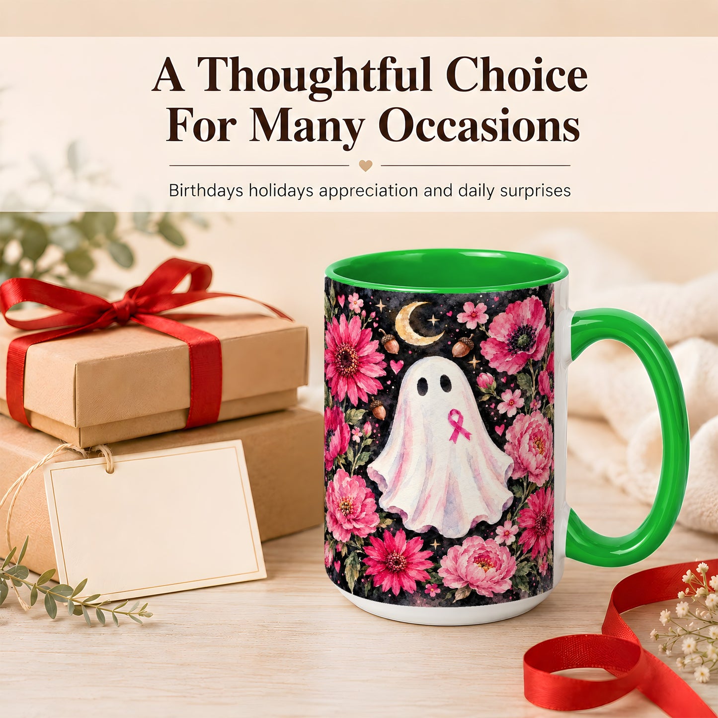 #pl[15oz|Green] Pink Floral Ghost Coffee Mug, Awareness Ribbon Moon Mug, Ceramic Cup